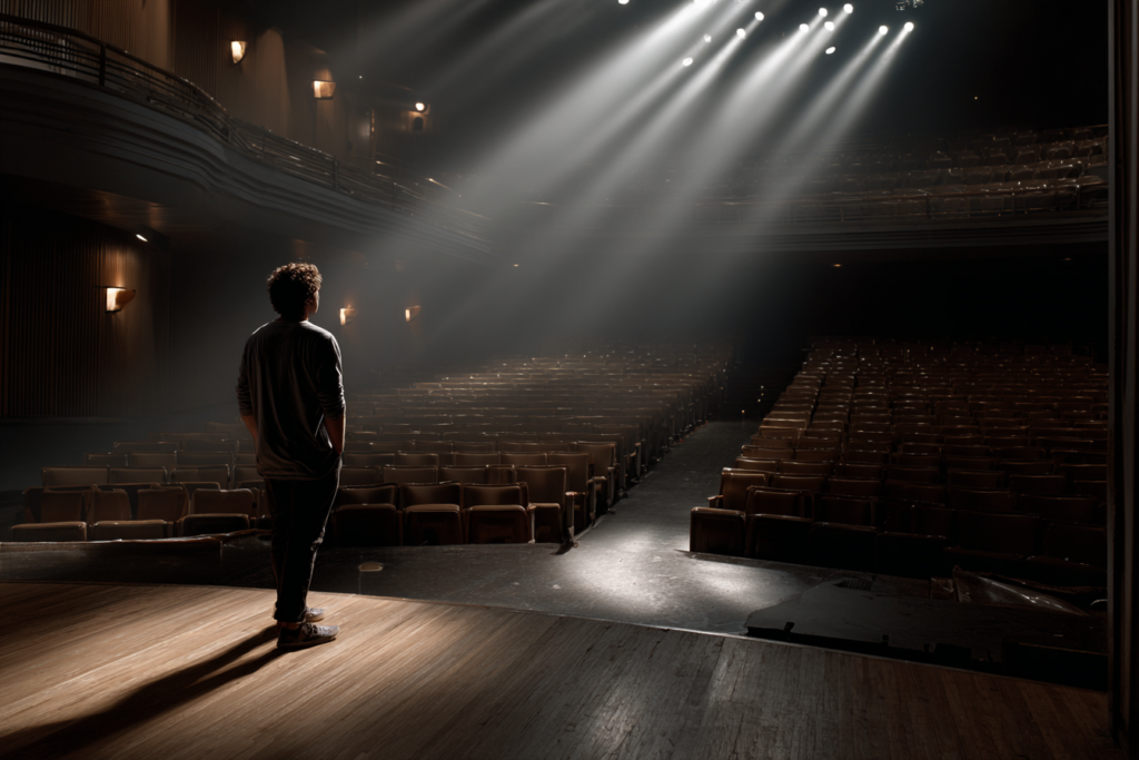 A person standing alone on a theater stage, facing rows of empty seats under overhead stage lights, with the auditorium fading into shadow.