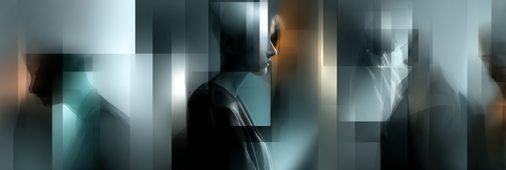 An abstract image of overlapping translucent shapes forming partial human profiles, with soft light and muted tones suggesting identity coming into focus.