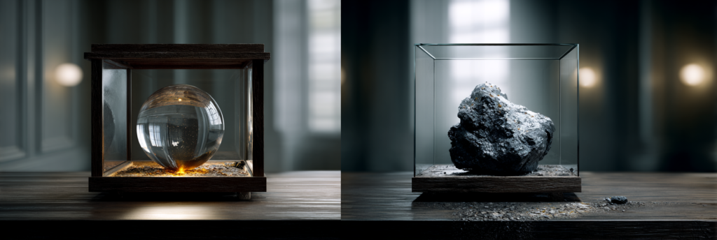 Two objects displayed in separate glass cases: a smooth, polished sphere in one and a rough, unrefined stone in the other, both isolated and enclosed, emphasizing refinement without movement or expansion.