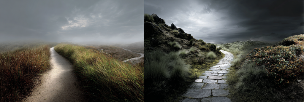 Two contrasting paths in a misty landscape: one narrow and worn, looping through tall grass, and another stone path leading forward through rough terrain, symbolizing refinement versus growth.