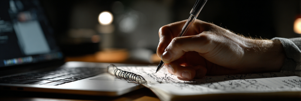 A person writes in a notebook at a wooden desk with a laptop open nearby, phone and coffee mug in the background, suggesting deliberate thinking alongside digital tools.